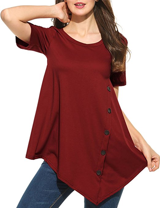 Sweetnight Women's Casual O-Neck Short Sleeve Solid Asymmetrical Pleated T-Shirt Blouse Top