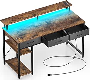 Rolanstar Computer Desk with Power Outlets & LED Light, 55 inch Home Office Desk with 3 Drawers and Storage Shelves, Writing Desk with Monitor Stand, Work Desk for Home Office,Rustic Brown