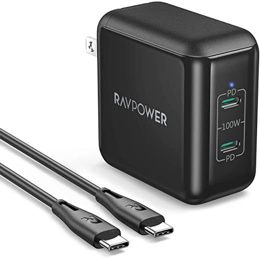 USB C Charger, RAVPower 100W 2 USB C Ports PD Wall Charging Adapter with E-Mark Cable [GaN Tech Planar Transformer] for MacBook Pro Air Dell XPS iPad Pro Mini Air iPhone 12 11 Mini Pro Series