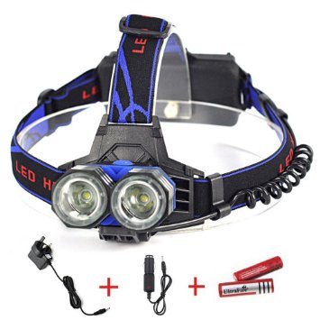 I-Dragon 5000 Lumens Dual T6 Led Head Torch Adjustable Flashlight for Hiking Camping Climbing Cycling Paddling Fishing   2x 18650 Rechargeable Battery   UK Charger   Car Charger