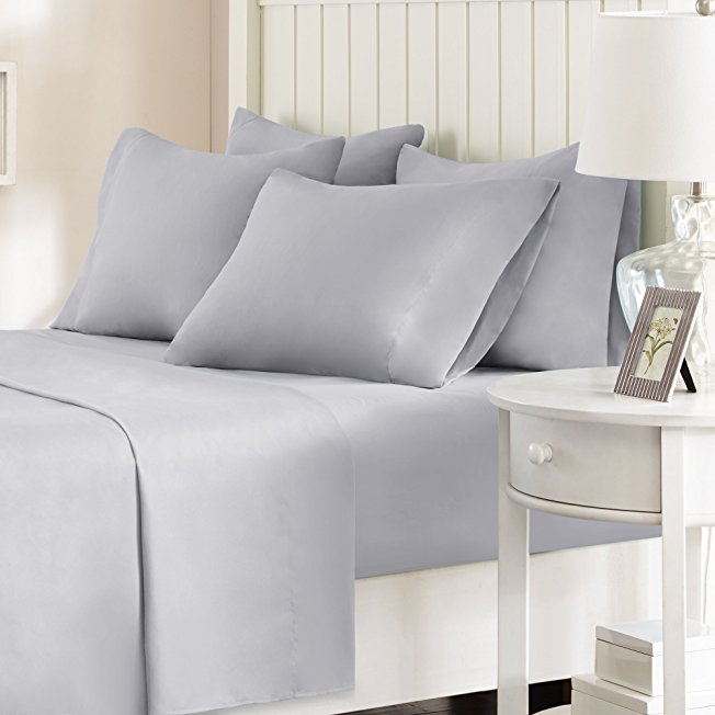 Comfort Spaces - Hypoallergenic Microfiber Sheet Set - 6 Piece - Queen Size- Wrinkle, Fade, Stain Resistant - Light Gray - Includes flat sheet, fitted sheet and 4 pillow cases