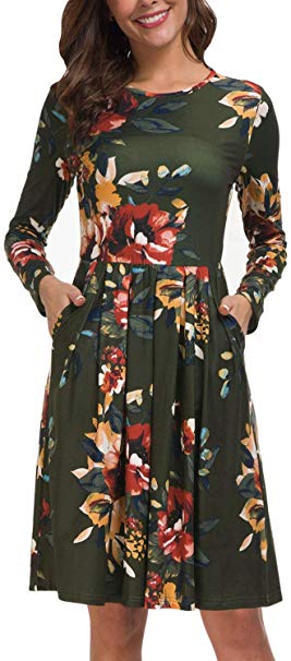 Kranda Women Short/Long Sleeve Round Neck Pleated Loose Swing Floral Midi Dress with Pockets