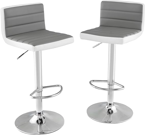 COSTWAY Bar Stools Set of 2, Height Adjustable Swivel Bar Chairs with Backrest, Anti-Slip Metal Base, Footrest & Gas Lift, PU Leather Dining Stool for Kitchen Dining Living Room Pub Cafe, Gray & White