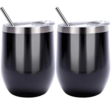 YHYPY Wine Tumbler With Lid & Straw Non-Slip Bases - 12 oz Double Wall Stainless Steel Stemless Insulated Wine Glass with Lid-Family and Business Gifts (Bright black, 2 Set)