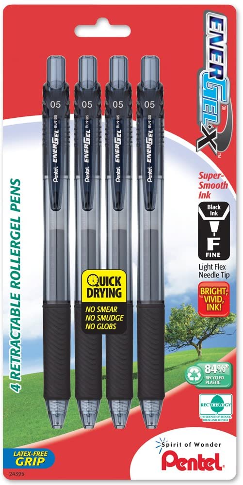 Pentel EnerGel-X Retractable Liquid Gel Pen, 0.5mm, Fine Line, Needle Tip, Black Ink, 4 Pack (BLN105BP4A)