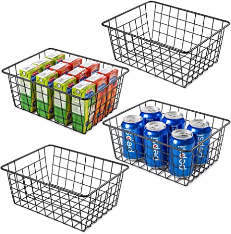 Wire Storage Baskets for Organizing, Vtopmart 4 Pack Metal Wire Freezer Organizer Bins with Handles, Small Pantry Baskets for Kitchen Cabinets, Bathroom, Laundry, Garage, Black