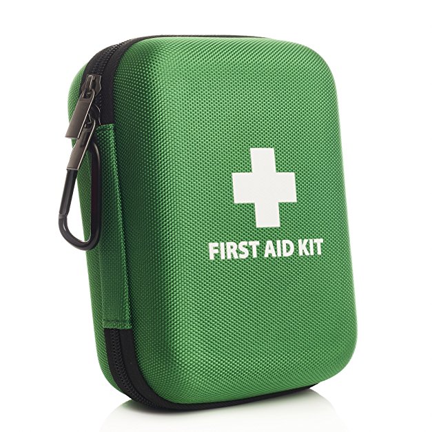 160 Piece Premium First Aid Kit Hard Case (Green) - 3 x Eye Wash, Cold Pack, Tough Cut Scissors, Metal Tweezer & Much More