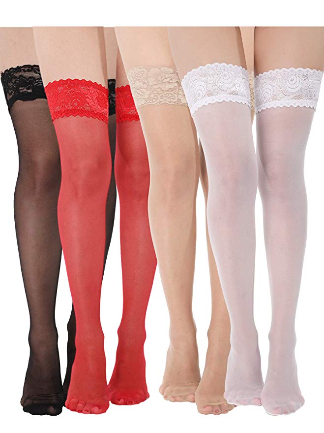 4 Pairs Women Thigh High Stocking Silicone Lace Top Stockings Silky Stocking Tights for Women Girls