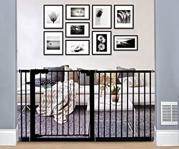 Xifamniy Extra Wide Walk Through Baby Gate Pressure Mounted 24.80-81.50inch White Metal Pet Child Safety for Door，Hallway，Stair (Black, 57.87"-61.81")