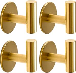 Adhesive Hooks Brushed Gold SUS304 Stainless Steel Towel Hooks Heavy Duty Waterproof Wall Hooks Self Adhesive Coat Robe Towel Hooks for Bathrooms Kitchen Hotel Wall Mounted Hooks - 4 Pack