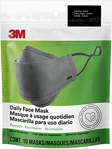 3M Daily Face Mask, Reusable, Washable, Adjustable Ear Loops, Lightweight Cotton Fabric, 10 Pack, Gray