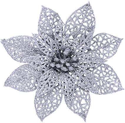 Supla 24 Pcs Christmas Silver Glitter Poinsettia Flowers Picks Christmas Tree Ornaments 5.9" Wide for Silver Christmas Tree Wreaths Garland Holiday Seasonal Wedding Decorations White Gift Box Included