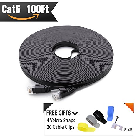 Cat 6 Ethernet Cable 100ft Black (At a Cat5e Price but Higher Bandwidth) Flat Internet Network Cables - Cat6 Ethernet Patch Cable - Cat6 Computer Lan Cable With Snagless RJ45 Connectors