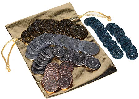 Scythe Metal Coins _ Game Enhancement _ 80 Coins in Various Denominations _ Bonus Gold Metallic Cloth Drawstring Pouch_ Bundled Items