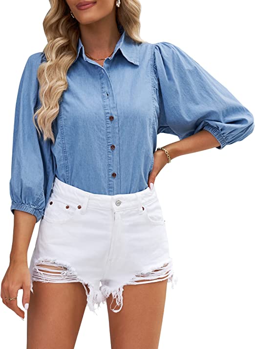 LookbookStore 2023 Denim Shirt Women Button Down Chambray Oversized Puff Sleeve Blouses Distressed Western Jean Tops