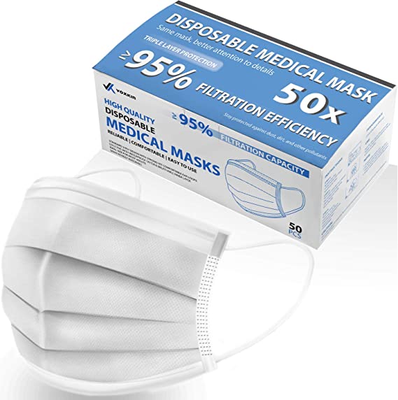 BREATHPower 50pcs Disposable Medical Face Mask - Powerful, Lab Tested, Cooling 3 Ply Protection - Heavy Duty Tensile Strength Adjustable Ear Loop - Soft Face Conforming Indoor Outdoor Masks for Men, Women