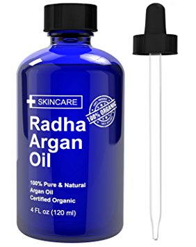 Radha Organic Argan Oil for Hair, Face & Skin 4 Oz - 100% Pure Cold pressed Certified Organic Virgin Oil From Morocco - Anti-Aging, Anti-Oxidant moisturizer - Prevents Frizz & Revitalizes natural shine