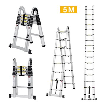 Finether 5M Aluminum Telescoping Extension Ladder Portable Multi-Purpose Folding A-Frame Ladder with Hinges, 150 kg Load Capacity for Home Loft Office