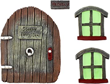 Cornucopia Fairy Garden Door and Windows Set (4-Piece Set); for Trees, Yard Art, Ornaments, and Sculptures