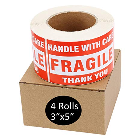 MFLABEL 4 Rolls 3"x5" Fragile Tapes Stamp - Handle With Care Stickers - 500/ Roll Shipping Labels