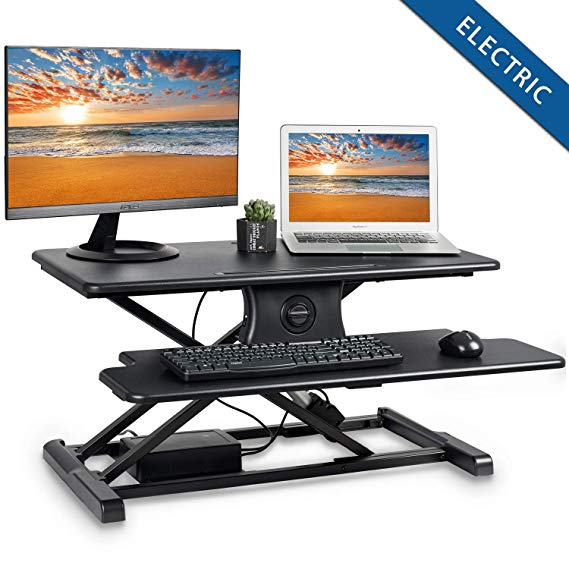 Electric Standing Desk Converter - Cubiker Height Adjustable Stand up Desk Sit Stand Desk Riser Tabletop Workstation fits Dual Monitor 32" Black