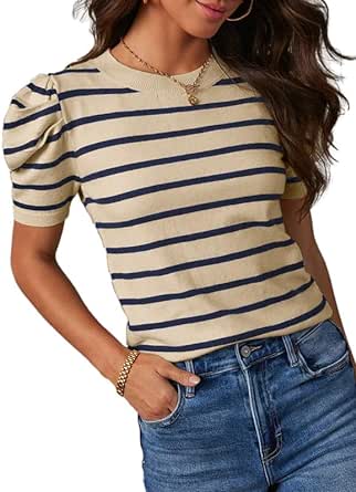 Dokotoo Women's Short Puff Sleeve Knit Tops 2024 Trendy Crewneck Striped T Shirts Casual Summer Blouses