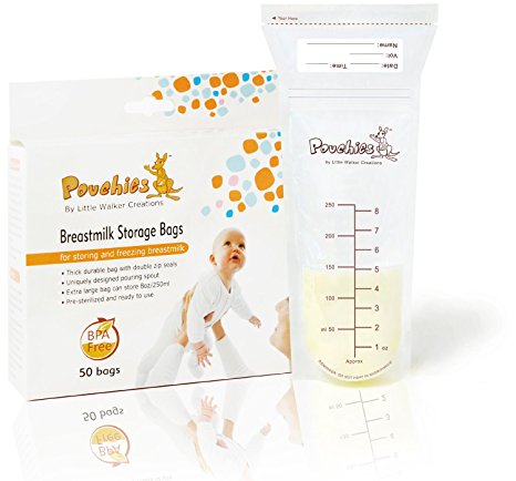 Pouchies Breastmilk Storage Bags - 50 Count, 8oz / 250ml, BPA Free, Pre-Sterilized, Safety Sealed, Leak Proof Double Zip Seal