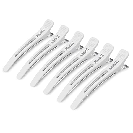 AIMIKE 6pcs Professional Hair Clips for Styling Sectioning, Non Slip No-Trace Duck Billed Hair Clips with Silicone Band, Salon and Home Hair Cutting Clips for Hairdresser, Women, Men - White 4.3” Long