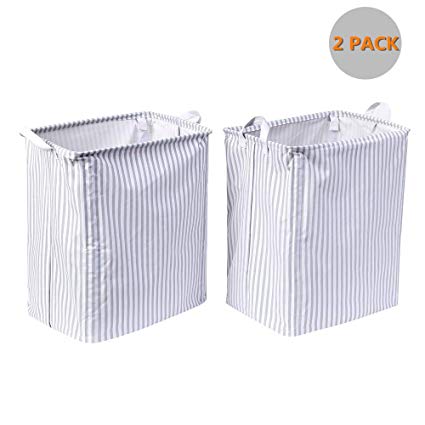 Laundry Hamper Collapsible | Set of 2 Laundry Basket Stay Upright | Waterproof Storage Bin for Baby Room, Bathroom, Nursery, Cabinet (White Oxford Clothes with Grey Striped, 19.7" H x 11.8" W x 15.7"