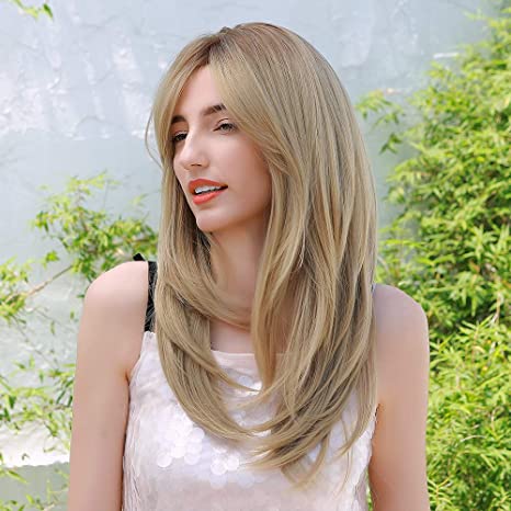Women Blonde Wig with Bangs Long Straight Wig Hair Layered Shoulder Length Wig 22 Inch