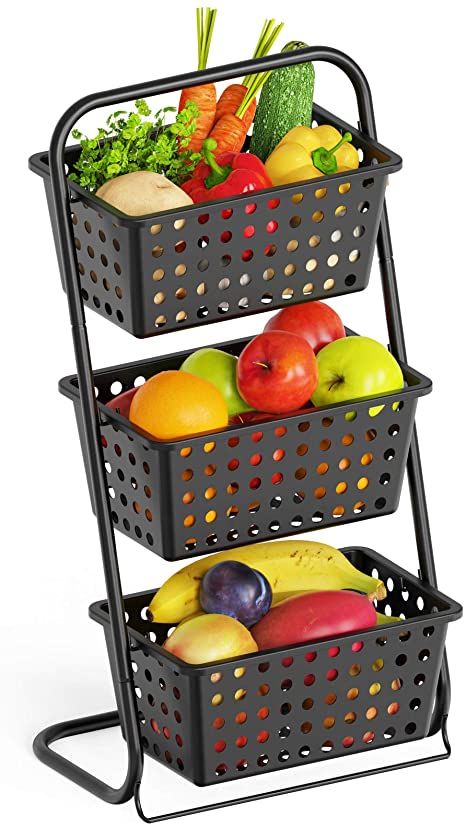 Fruit Basket, iSPECLE 3 Tier Mini Fruit Storage Basket Floor Stand with Removable and Washable Wire Basket Saving Space for Kitchen Pantry Bathroom