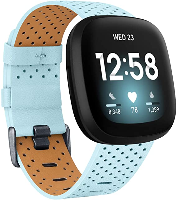 Strap Compatible with Fitbit Versa 3 / Fitbit Sense Strap Leather, Genuine Leather Replacement bands Compatible with Versa 3, Women Man (Large, Lightblue)