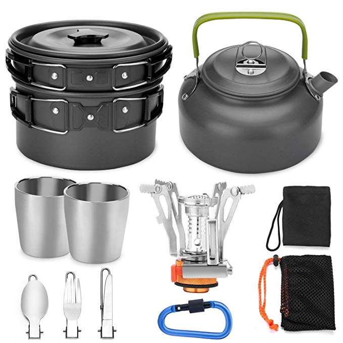 Odoland 12pcs Camping Cookware Mess Kit with Mini Stove, Lightweight Pot Pan Kettle with 2 Cups, Fork Knife Spoon Kit for Backpacking, Outdoor Camping Hiking and Picnic