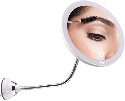 DUcare LED 5X Magnifying Makeup Mirror with Adjust Light Touch Screen Control Bathroom Vanity Mirrors with Strong Suction Cup 360 Degree Swivel Rotation Travel Compact Mirrors