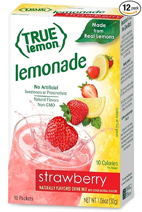 True Lemon Strawberry Lemonade Drink Mix, Made from Real Lemons, Low Calorie, Low Sugar, Lemonade Drink Mix, 10 Count, 1.06 Oz (Pack of 12)