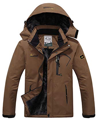 HOW'ON Men's Snow Jacket Waterproof Ski Jackets Winter Hooded Mountain Fleece Outwear Detachable Hood Windproof Fleece Coat