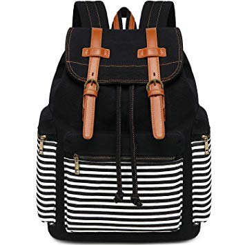 Girls School Backpack Women College Bookbag Canvas Travel Rucksack 15.6Inch Laptop Bag (Black Stripe)