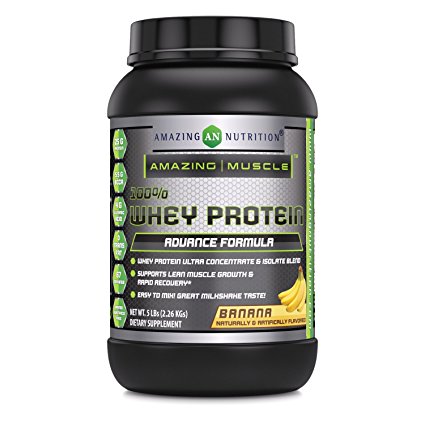Amazing Muscle 100% Whey Protein Powder - 5 Lbs - Advance Formula - High Performance - With Complete Array Of Amino-Acids - Delicious Banana Flavor