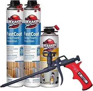 Kraken Bond Fastcoat Spray Foam Insulation Kit - (2x27.1 oz.) Closed Cell Expanding Polyurethane Foam - Heat and Acoustic Insulation, includes Application Gun & Cleaner, 40 Board Ft, 2 Pack