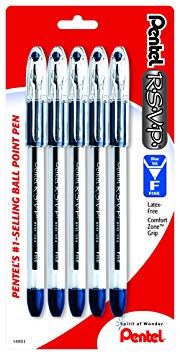 Pentel R.S.V.P. Ballpoint Pen, Fine Line, Blue Ink, 5 Pack (BK90BP5C)