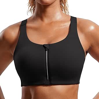 CRZ YOGA Womens Zip Front High Impact Sports Bra - Molded Cup Wireless Workout Yoga Bra with Adjustable Convertible Straps