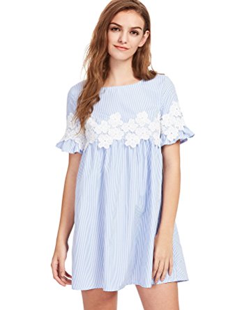 ROMWE Women's Striped Floral Lace Ruffle Short Sleeve Babydoll A Line Dress