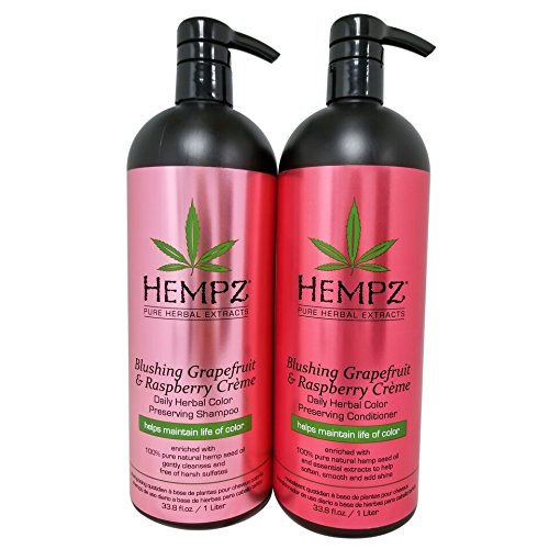 Hempz Pure Herbal Extracts Blushing Grapefruit & Raspberry Creme Herbal Shampoo & Conditioner 33.8oz to Protect Hair Color Bundle