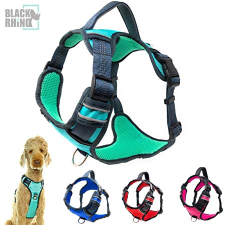 Black Rhino - The Comfort Dog Harness with Mesh Padded Vest for Small - Large Breeds | Adjustable | Reflective | 2 Leash Attachments on Chest & Back - Neoprene Padded Training Handle for Easy Control