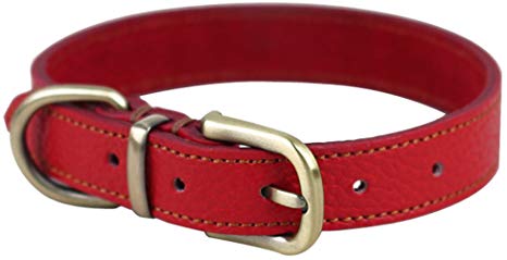 Rantow Comfortable Padded Handmade Leather Classic Dog Collar, Adjustable Neck Size 33cm to 39cm and 2cm Wide, Neat Sewing and Tough Copper Dog Leash Buckle Collar for Medium/Small Dogs (Red)