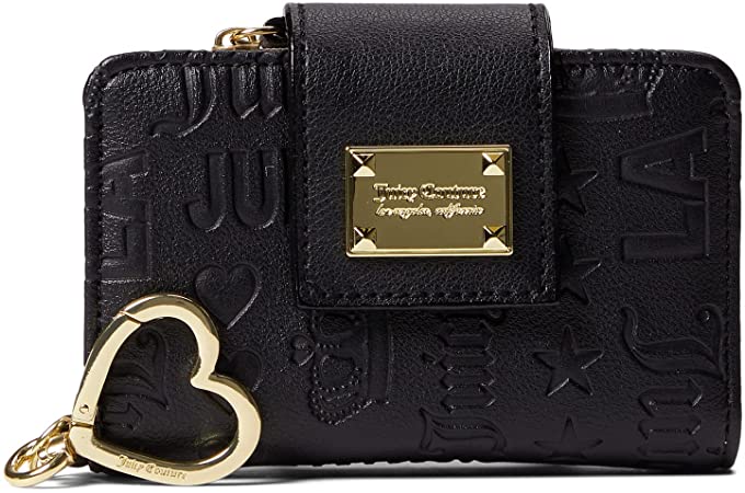 Juicy Couture Daydream Center Zip Tab Card Wallet Play On Words Deboss Black One Size