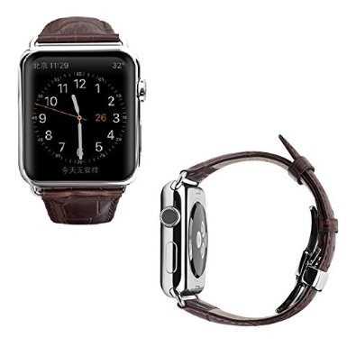 Apple Watch Band with Metal Clasp, Acoverbest Premium Genuine Leather Crocodile Pattern Replacement Strap(Brown-38mm)
