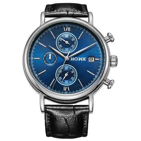 HOWK Men's Chronograph Quartz Watches Date Analog Display with Silver Bezel Black Leather Strap Blue Dial