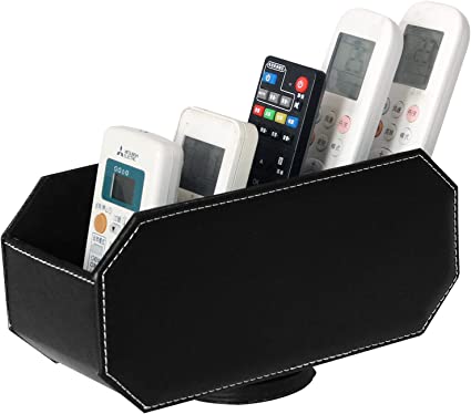Daixers Remote Control Holder Box with 5 Compartment 360 Degree Rotatable PU Leather Storage Container for TV Remote Phone Caddy Eyeglasses Office Desk Organizer （Oblong Black ）