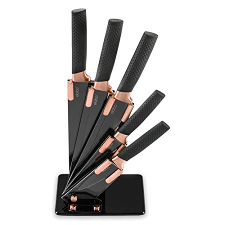 elabo 5 Pieces Black Kitchen Knife Set Stainless Steel Non Stick Coating Knives with Base, Rose Gold Handle,